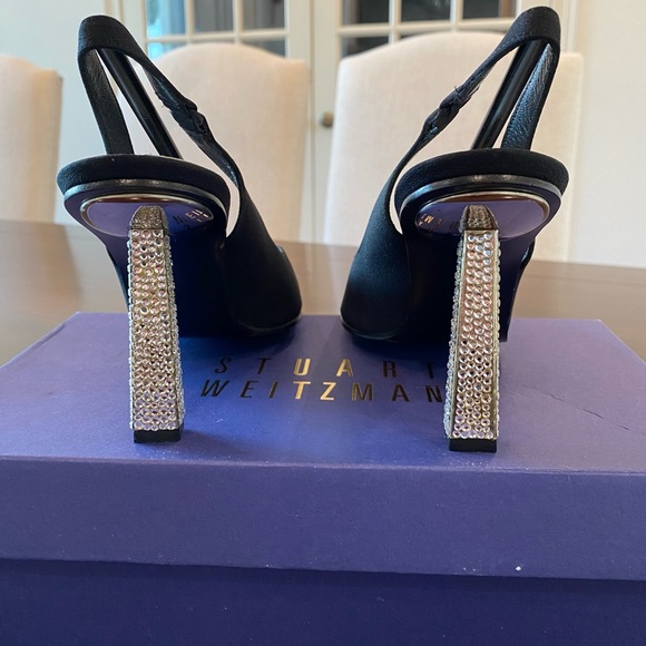 Stuart Weitzman Black Satin Slingbacks with Crystal Rhinestone Studded Heels - Picture 6 of 15